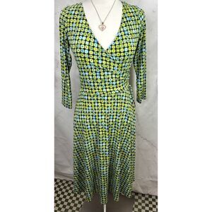 Vintage Y2k Wrap Dress Green Geometric Print MOD Midi 70s revival sz 8 M Retro